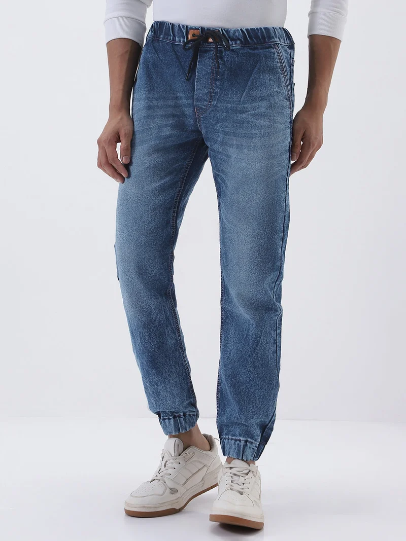 أوربانو فاشن Urbano Fashion Men's Blue Washed Jogger Jeans Slim Fit Stretch